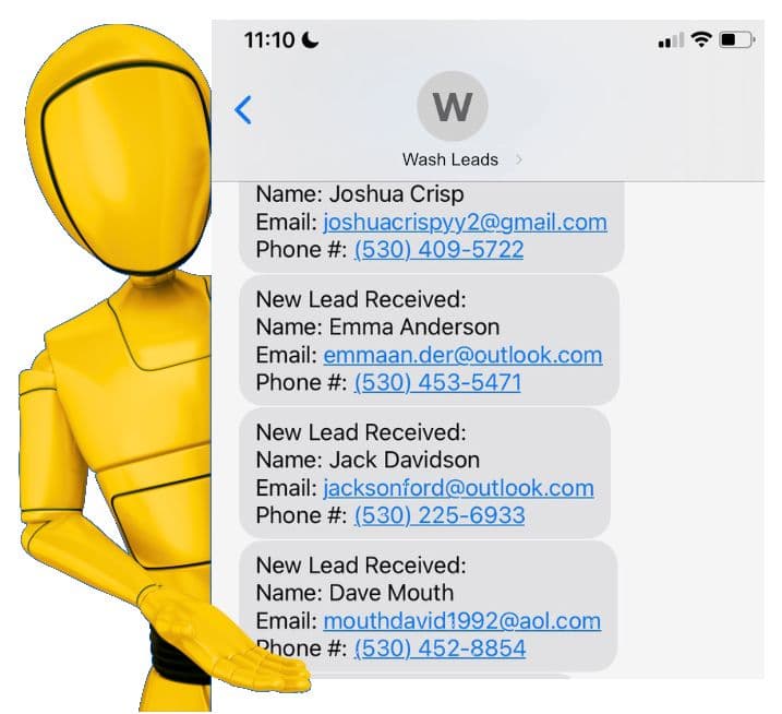 Mobile phone showing wash leads app with new customer notifications