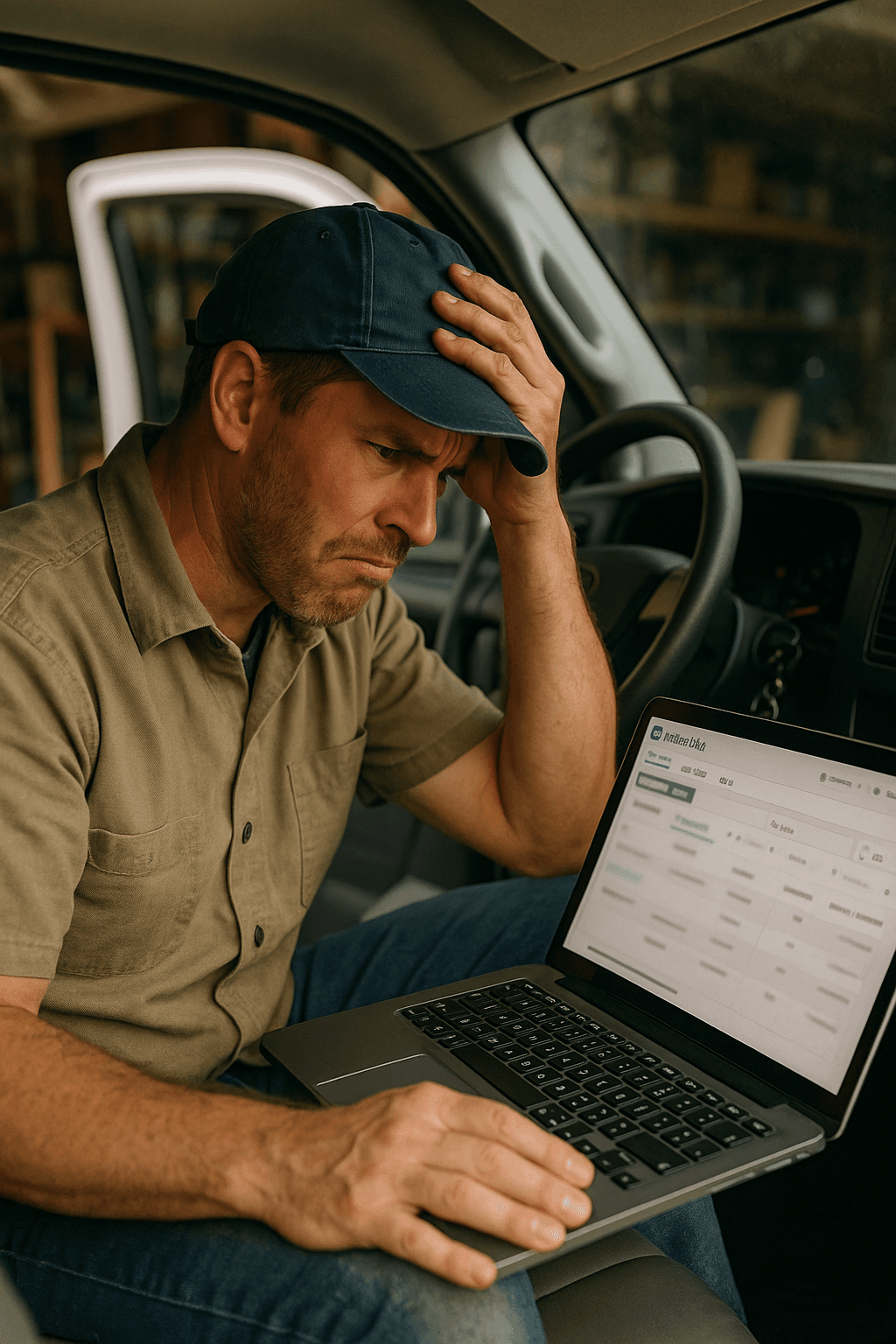 Pressure washing contractor frustrated while trying Facebook ads on laptop