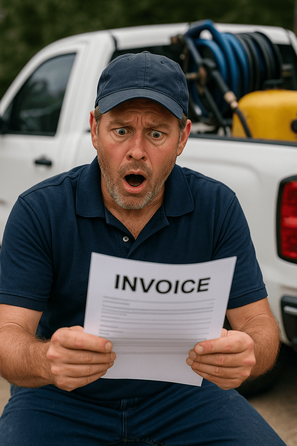 Pressure washing contractor looking shocked at expensive marketing agency invoice